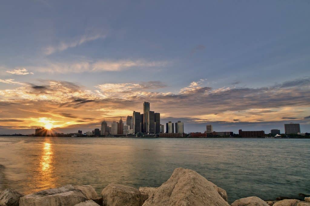 23 Affordable Weekend Getaways in the United States 7 Sunset over Detroit, Michigan skyline