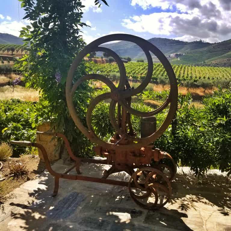 View of vineyards in Douro Valley, Portugal from a terrace at a winery.